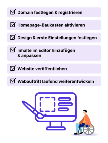 Schritte zur eigenen Website mit Baukasten und Person