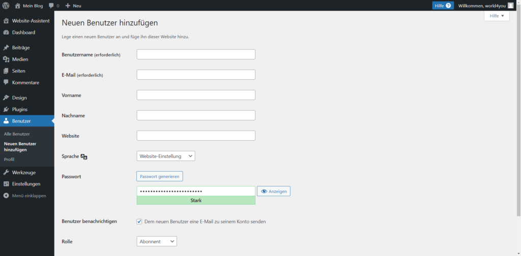 WordPress: Benutzer:in anlegen