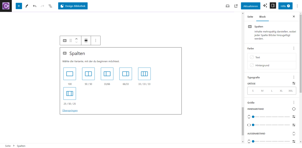 WordPress-Editor: Spalten